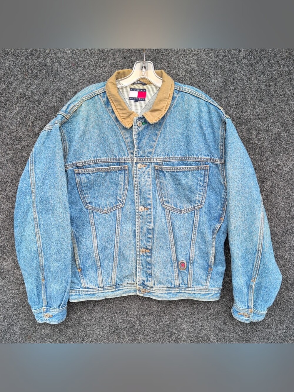 Vtg Tommy Hilfiger Denim Jacket Adult Large Blue Jean Trucker Y2K Contrast Trim